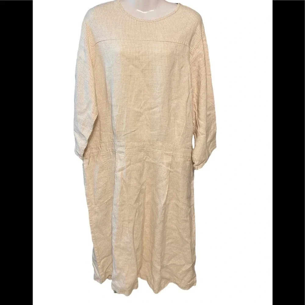 Unbranded Cotton Linen Blend Checked Pattern Dress